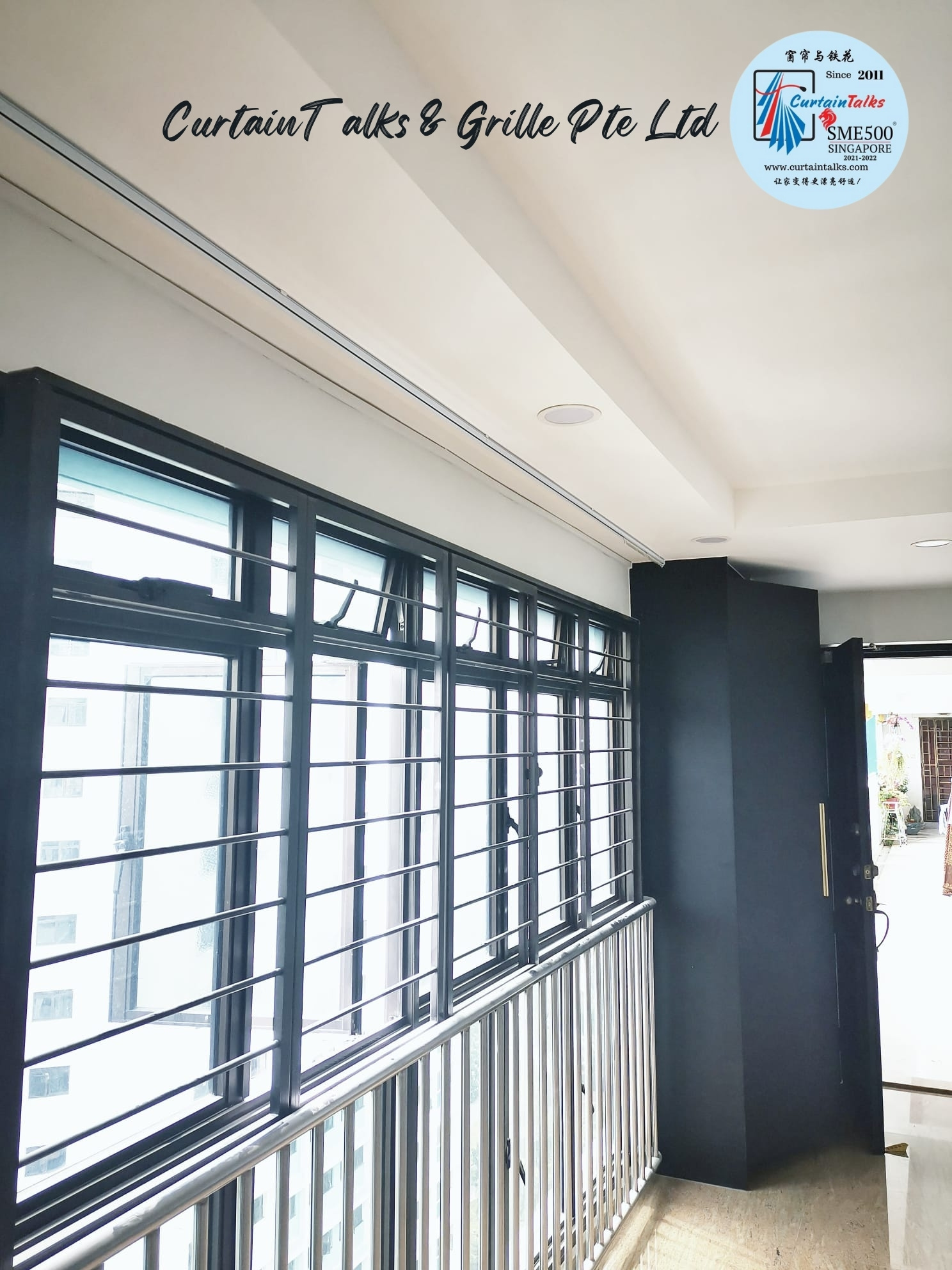 This is a Picture of Single ceiling mounted white curtain track at Redhill